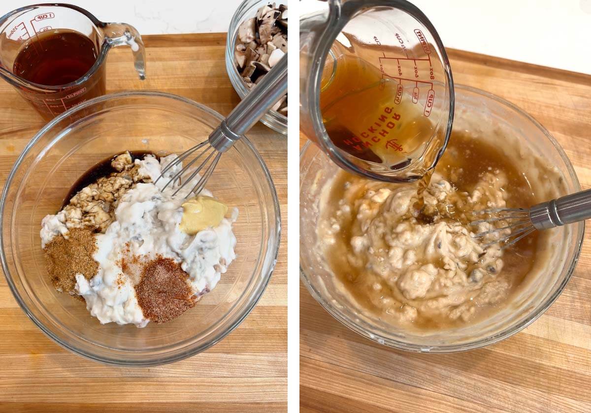 whisking gravy ingredients together in bowl