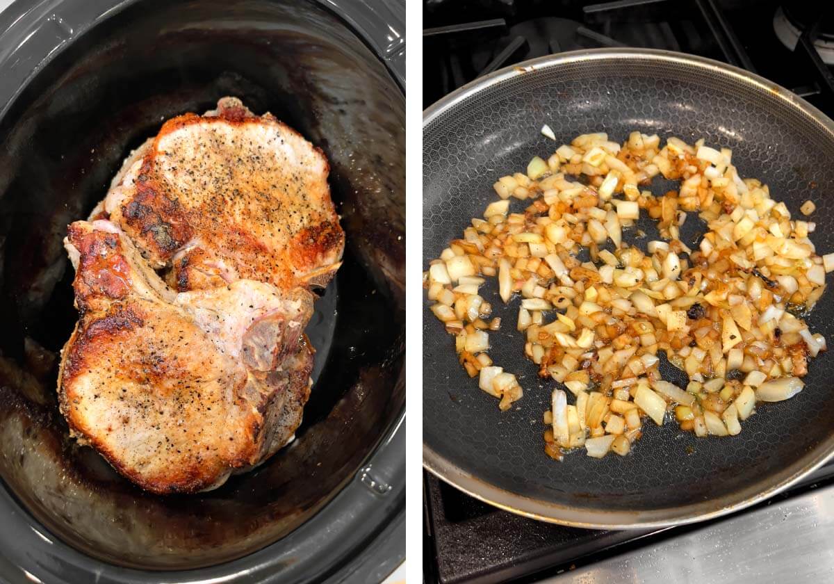 seared chops added to crock, browning onion