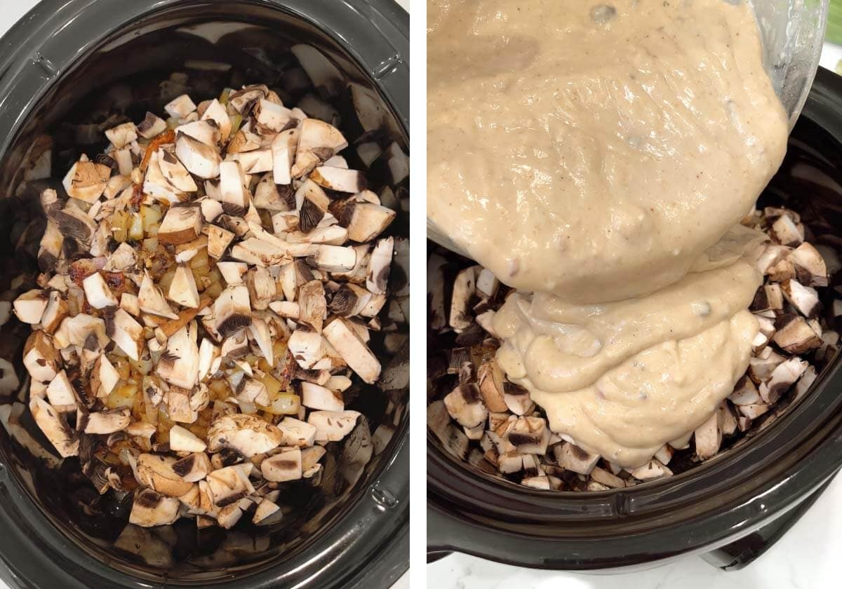 onion and mushrooms added to crock, pouring gravy mixture over mushrooms and chops.
