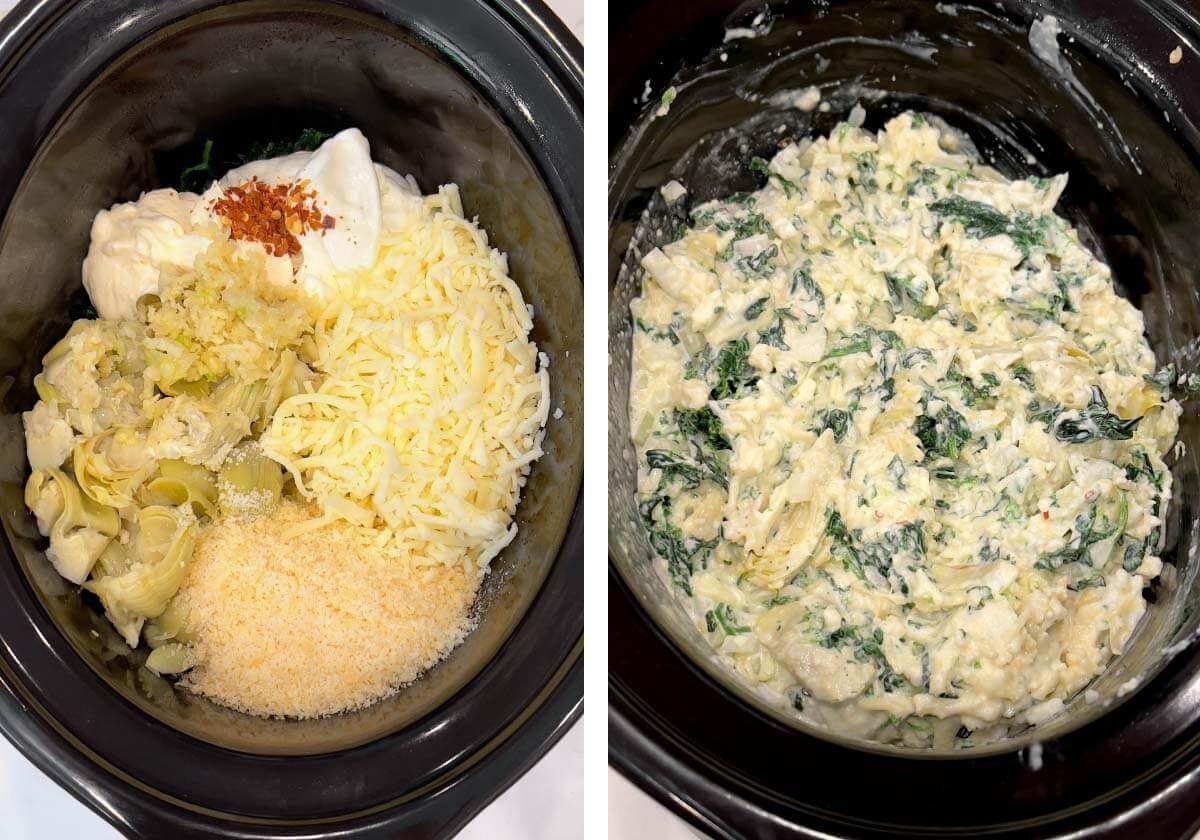 spinach, artichokes, cheese, mayo, sour cream added to crockpot, everything stirred.
