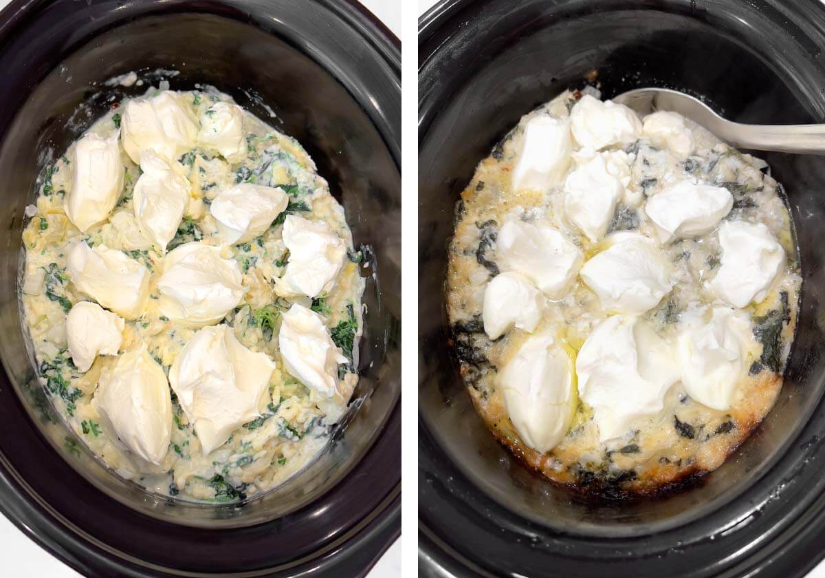 cream cheese pieces dotted on dip mixture in crock, after cooking.