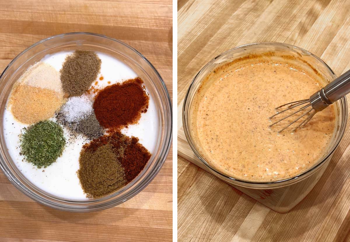 spices in bowl of buttermilk, whisking the marinade.