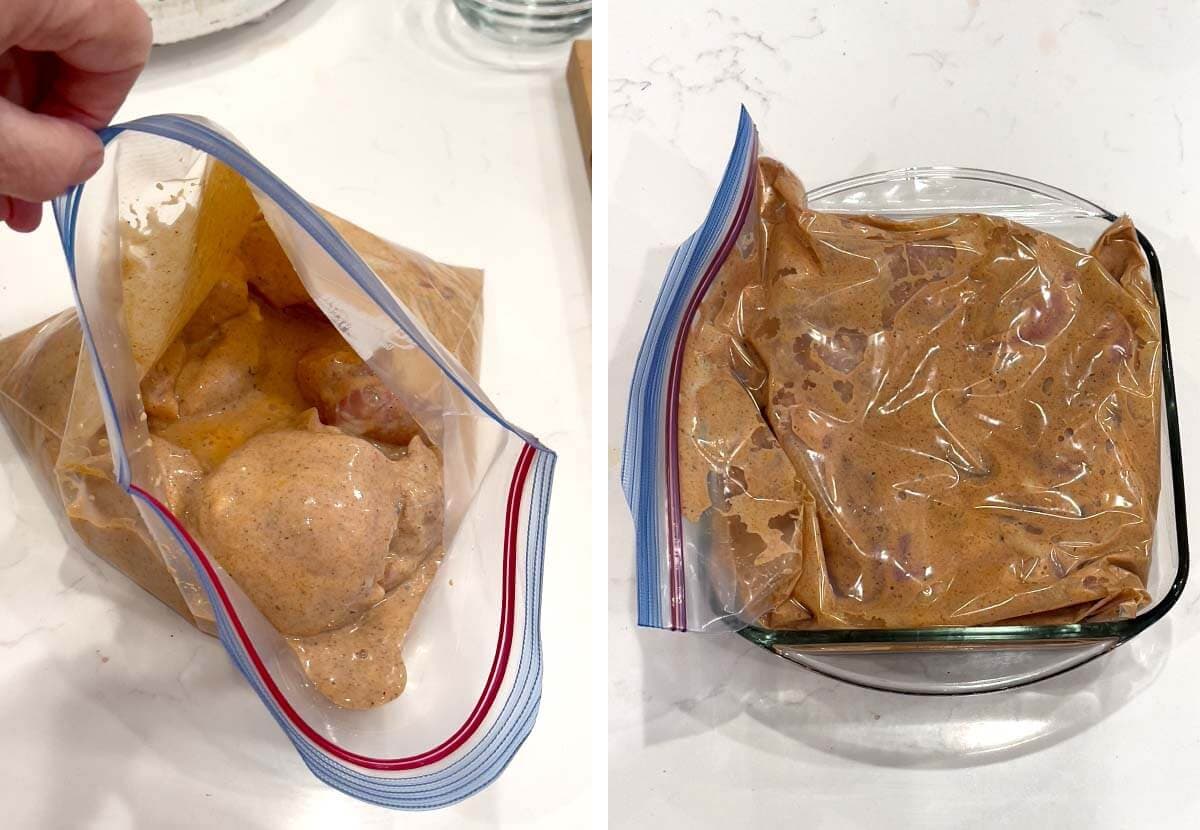 chicken and marinade in baggie, sealed bag of chicken in dish