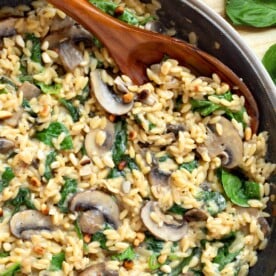 Spinach Mushroom Orzo in a skillet