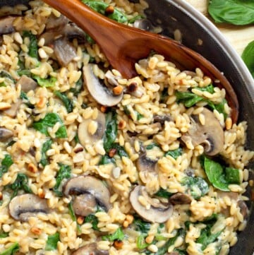 Spinach Mushroom Orzo in a skillet