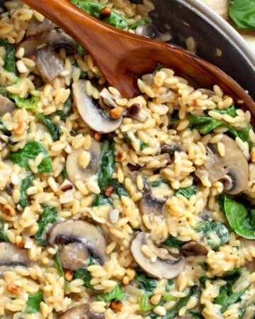 Spinach Mushroom Orzo in a skillet