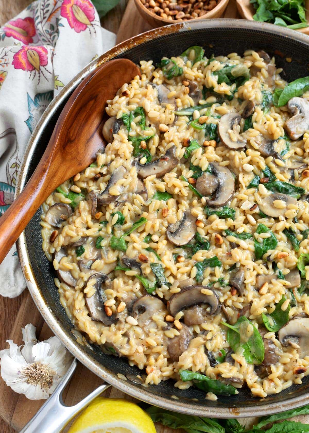 Spinach Mushroom Orzo in a skillet