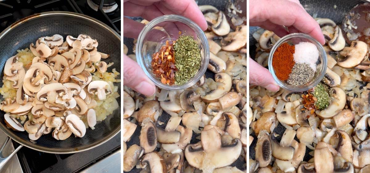 mushrooms adde to skillet, adding spices to mushrooms