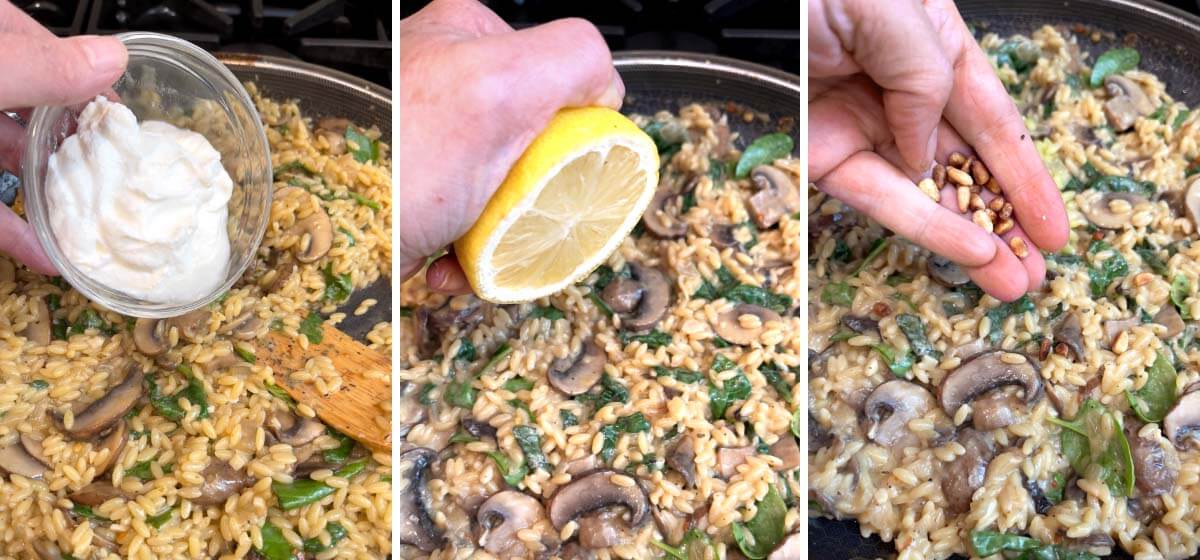 adding yogurt to mushroom spinach in skillet, squeezing in lemon, garnishing with toasted pine nuts