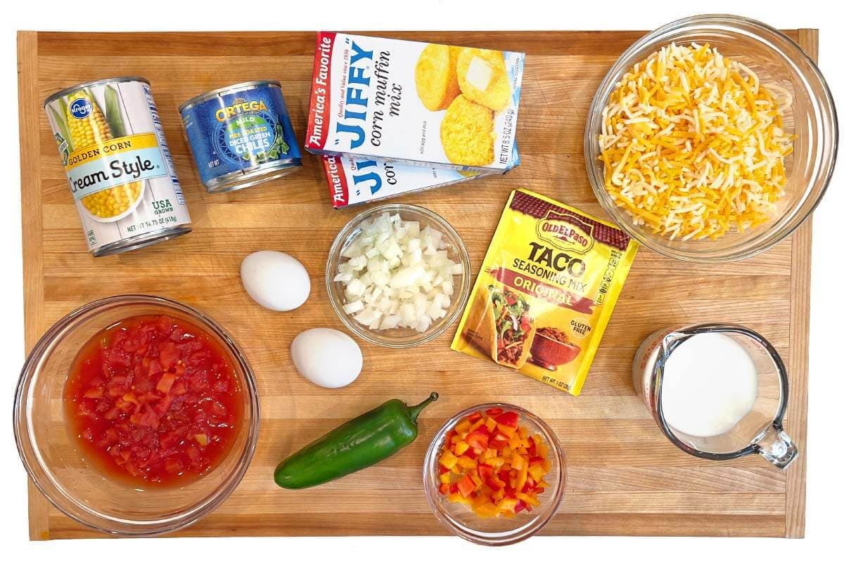 Tex-Mex Cornbread ingredients on a board