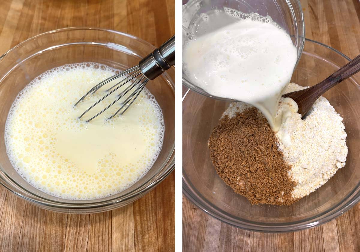 whisking eggs & milk together, pouring milk mixture into cornbread mix.