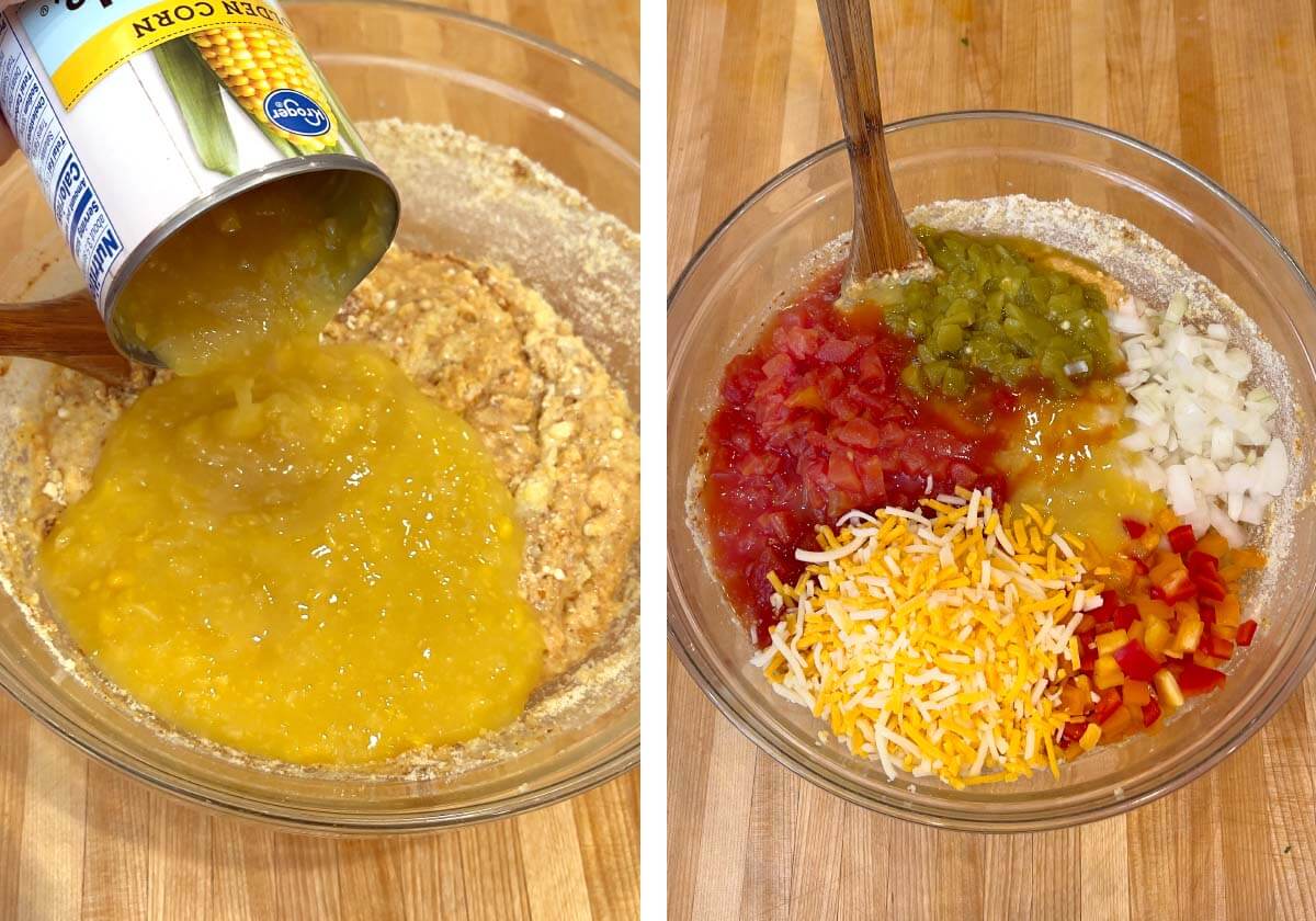 adding creamed corn to cornbread batter, adding other veggies and cheese.