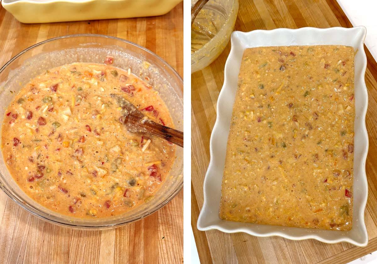 mixing cornbreat batter with spoon, mixture poured in baking dish