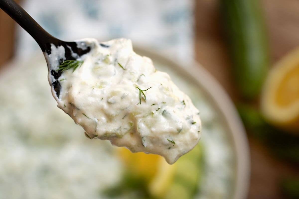 Tzatziki Sauce on a spoon closeup.