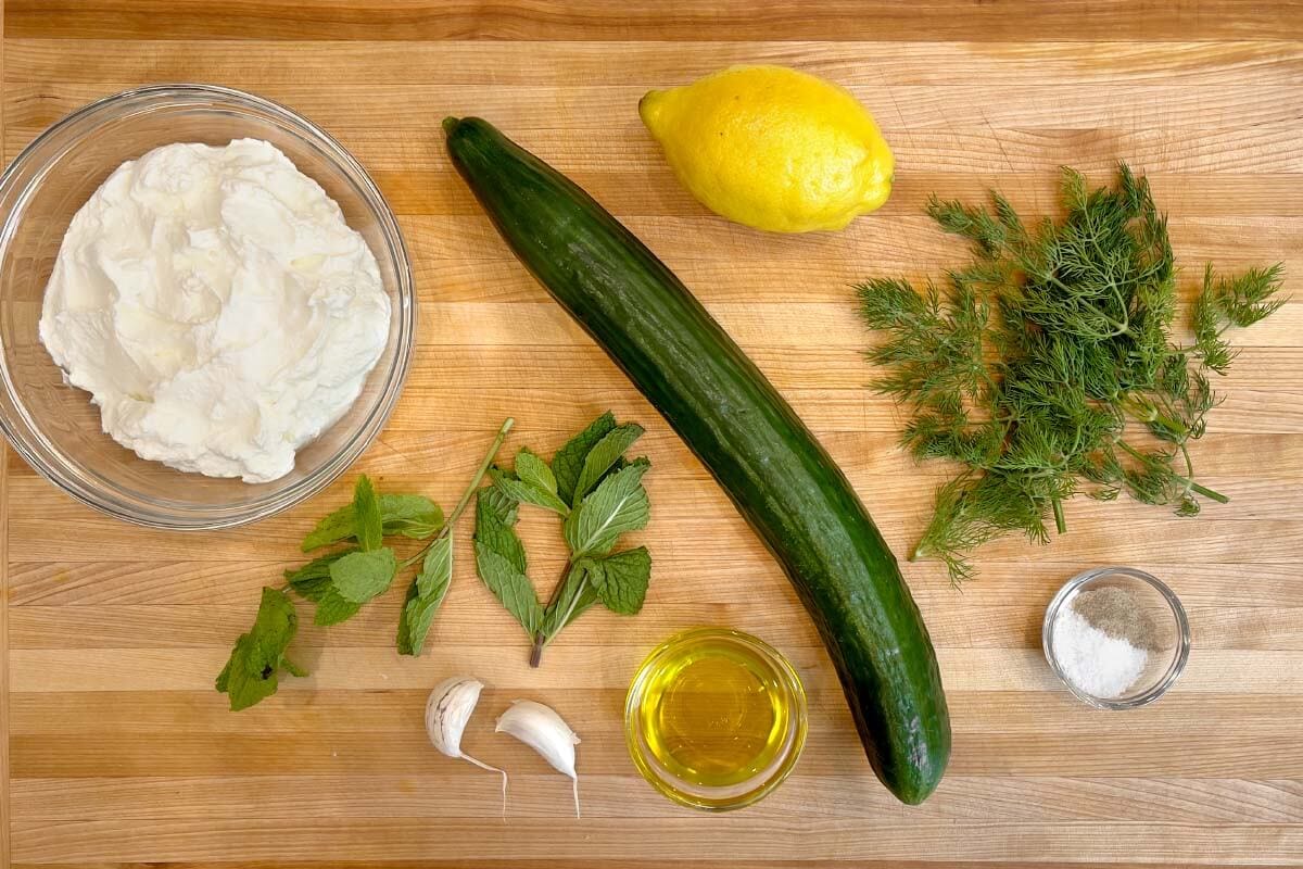 Tzatziki Sauce ingredients shot on board