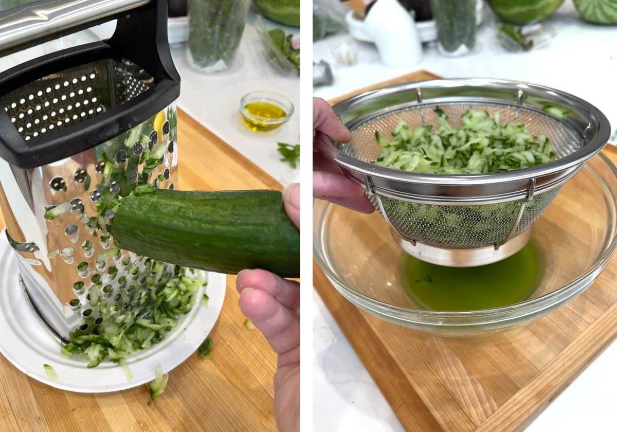 grating cucumber on box grater, grated cucumber in sieve in bowl.