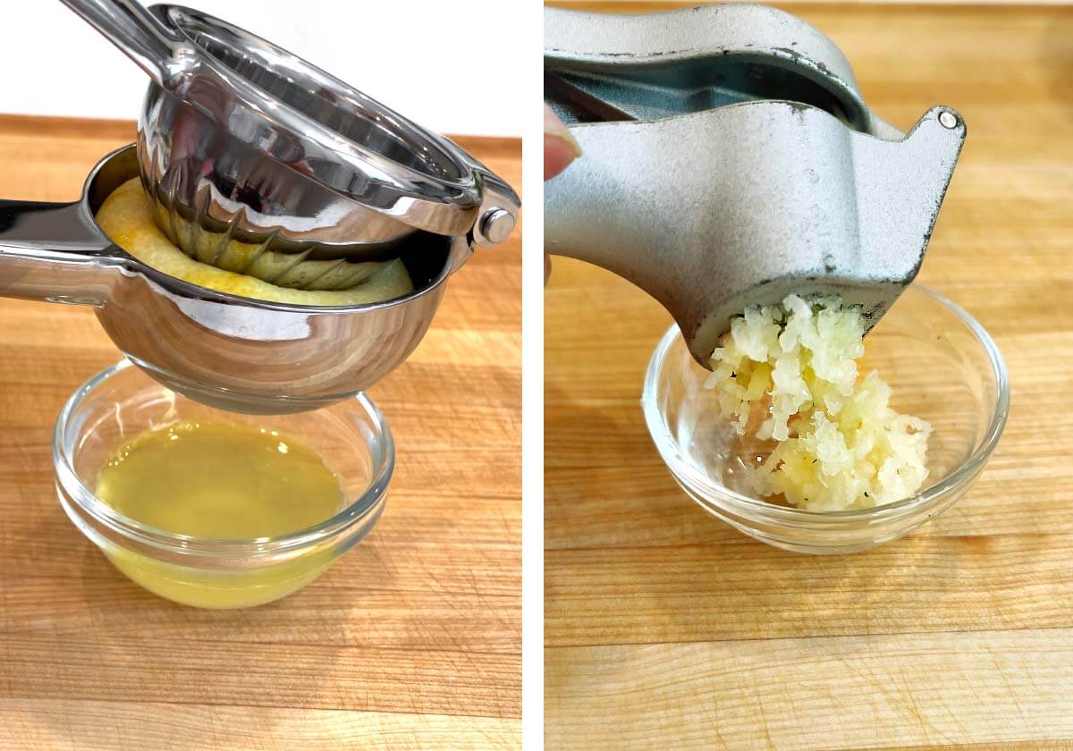 juicing lemon, pressing garlic