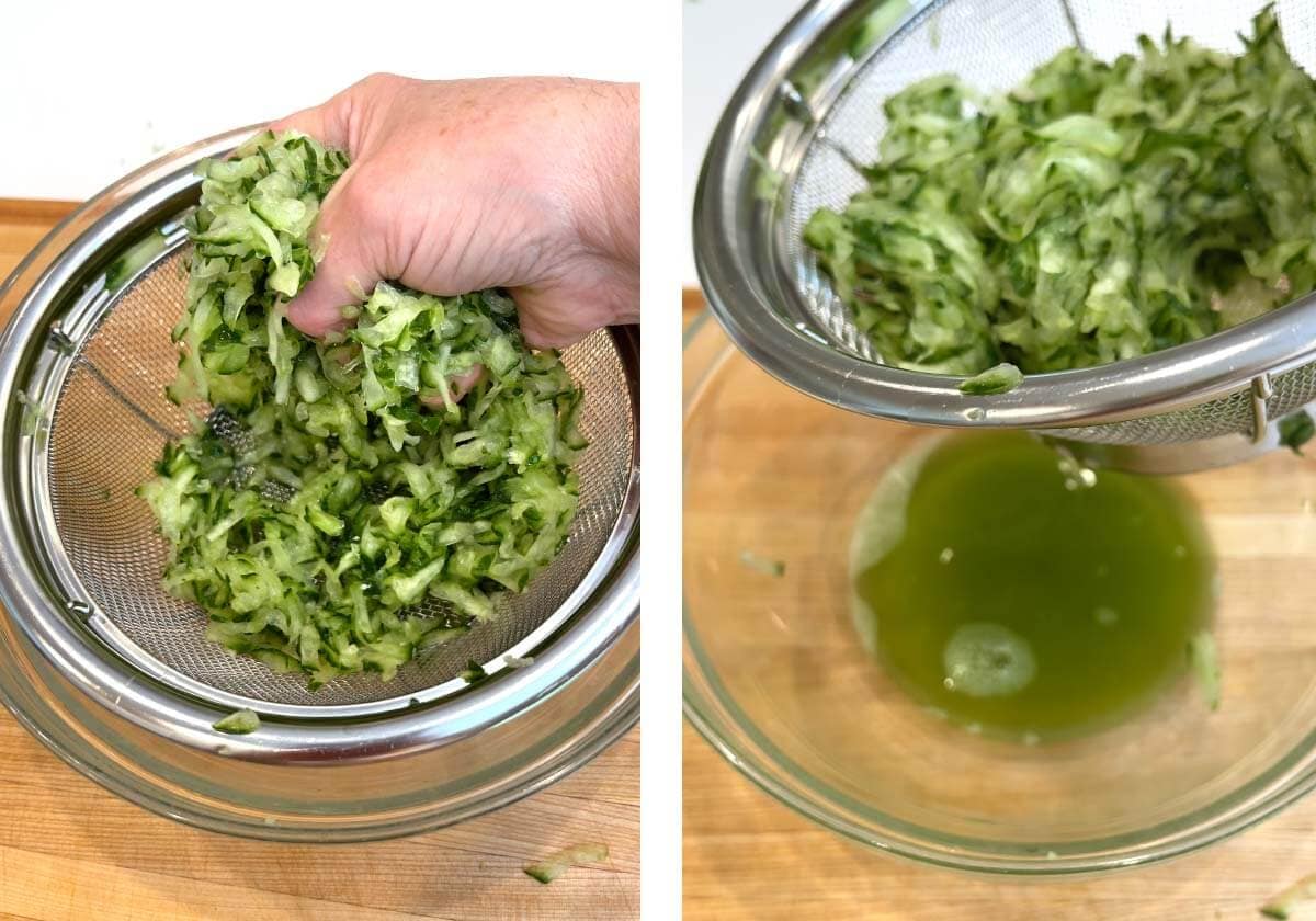 squeezing grated cucumber with hand, lifting sieve of grated cucumber up above bowl.