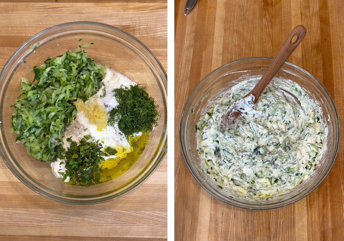 Tzatziki ingredients in a bowl, all mixed together.