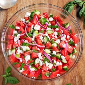 Watermelon Feta Salad in a glass bowl
