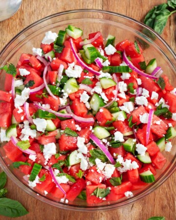 Watermelon Feta Salad in a glass bowl