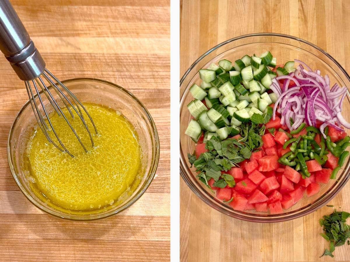 whisking salad dressing, watermelon, cucumber, veggies in glass bowl.
