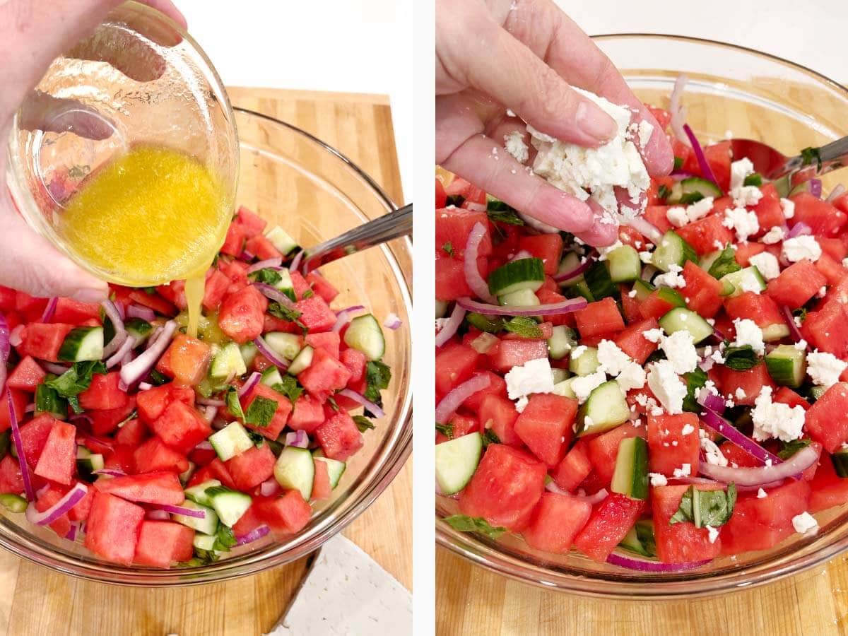 pouring salad dressing into bowl of melon salad, crumbling feta into the salad.