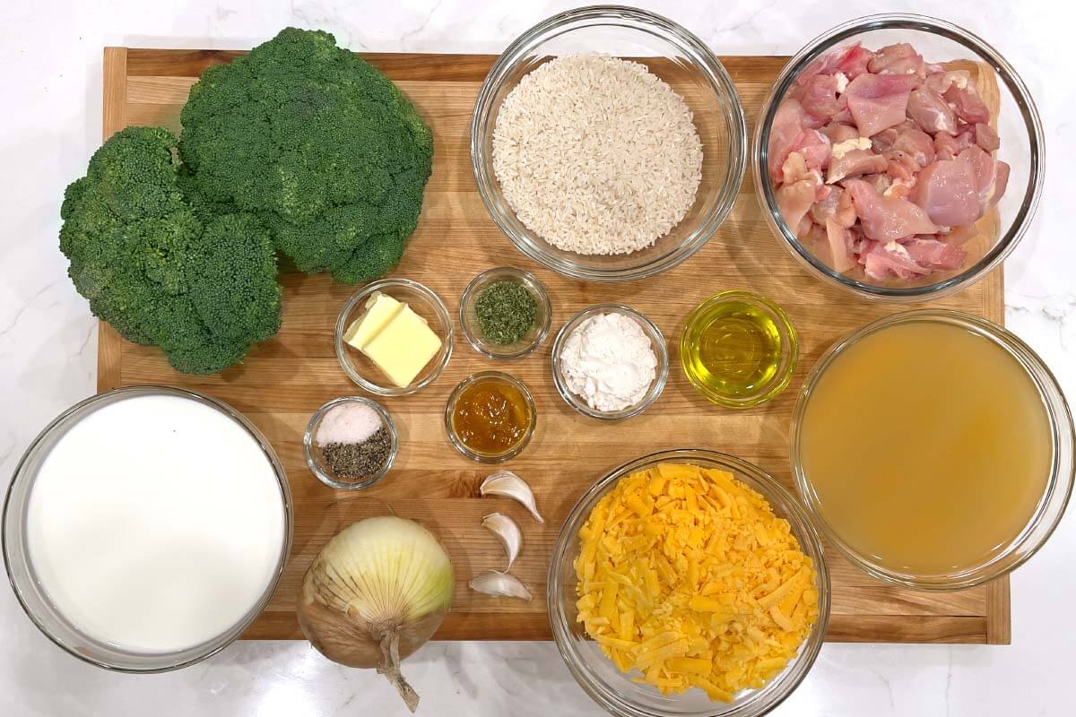 Cheesy Chicken Broccoli Rice Casserole ingredients shot on board