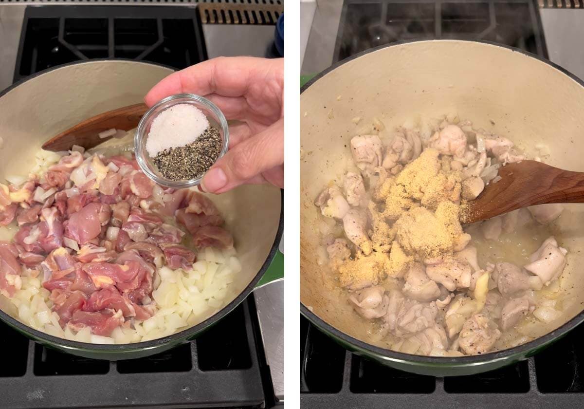 adding seasoning to chicken in pot