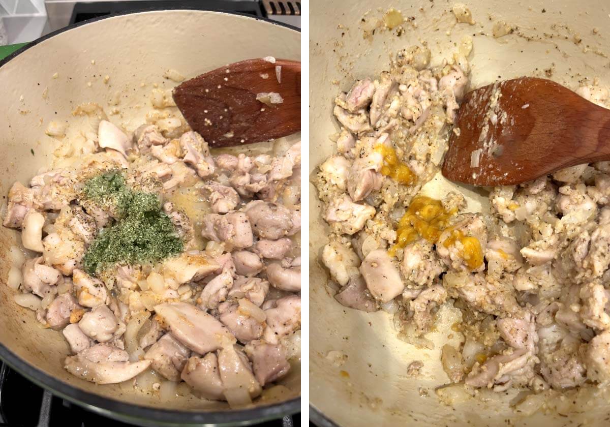 adding seasoning to chicken, adding bouillon