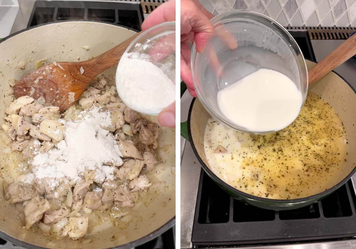 adding flour to chicken, adding broth and milk