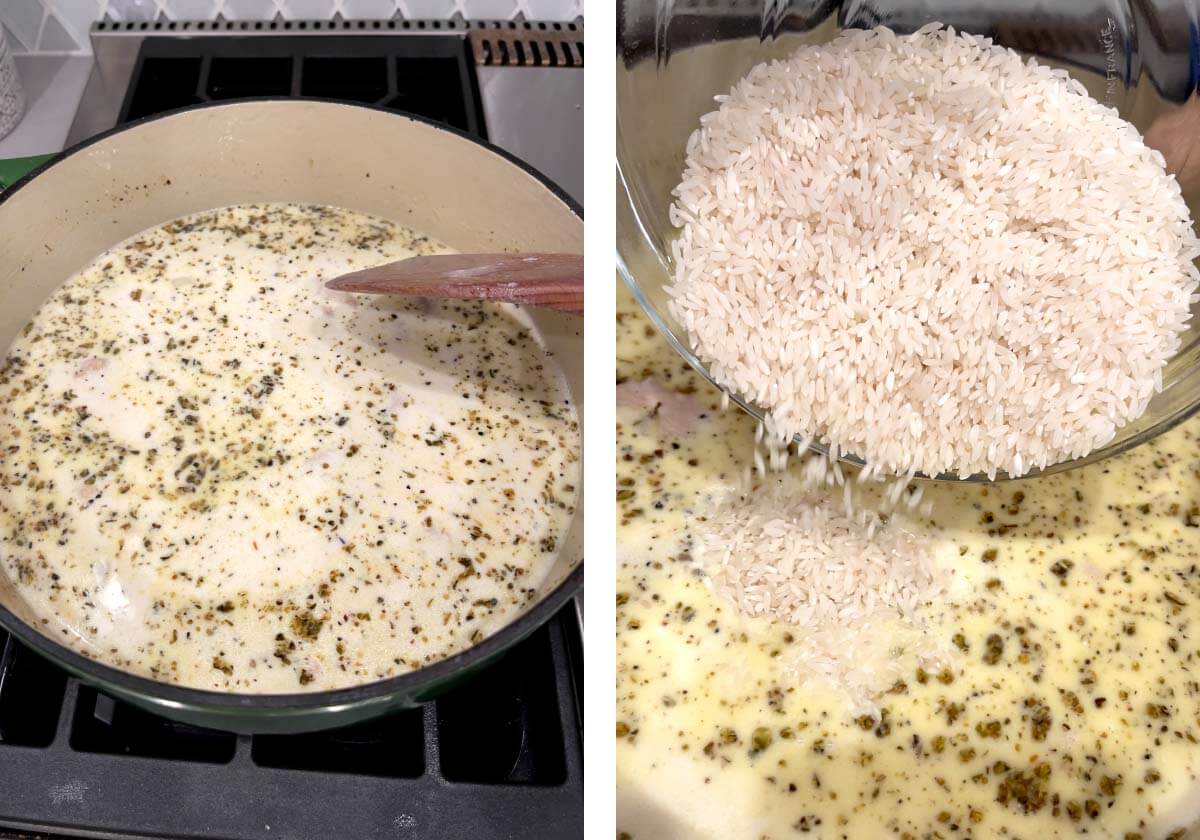 bringing to simmer, adding rice