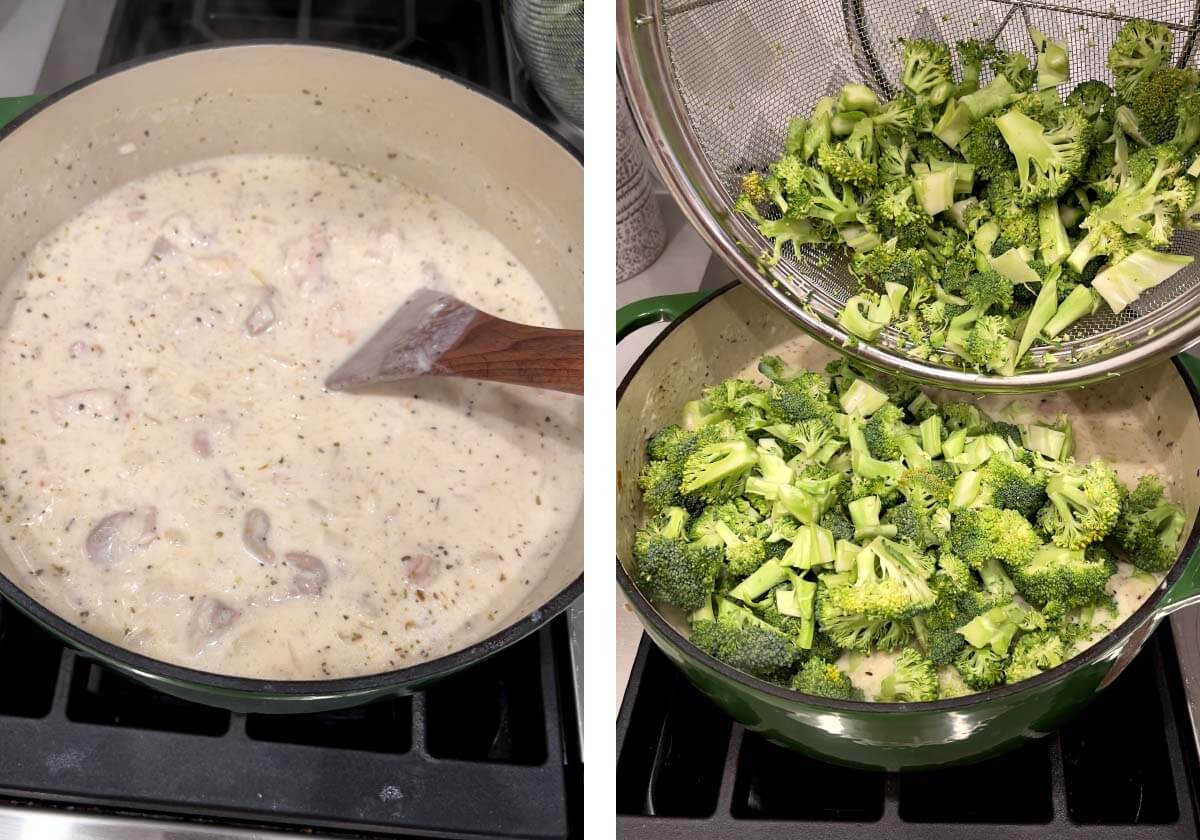 stirring the mixture, adding rice