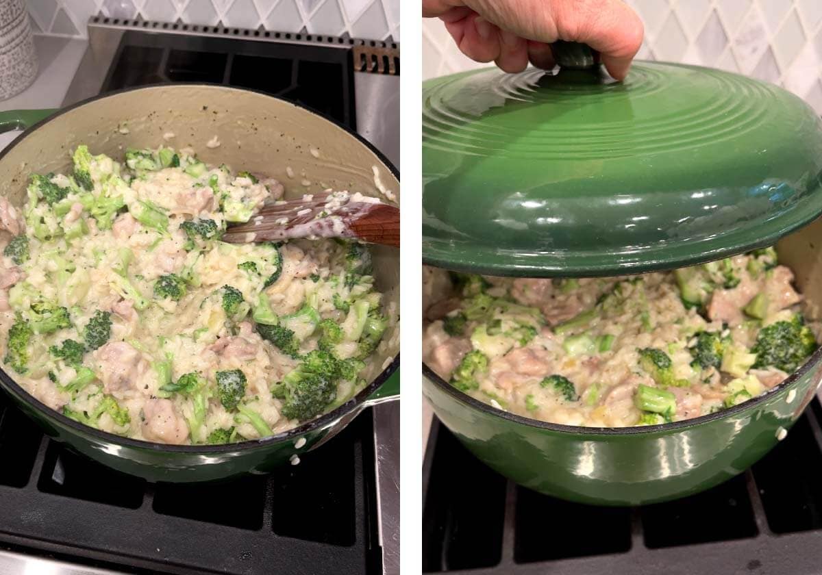 stirring in broccoli and placing lid on to steam it