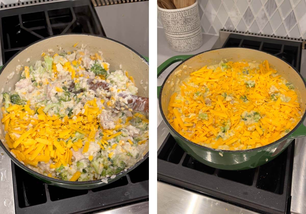 stirring in half the cheese, other half on top