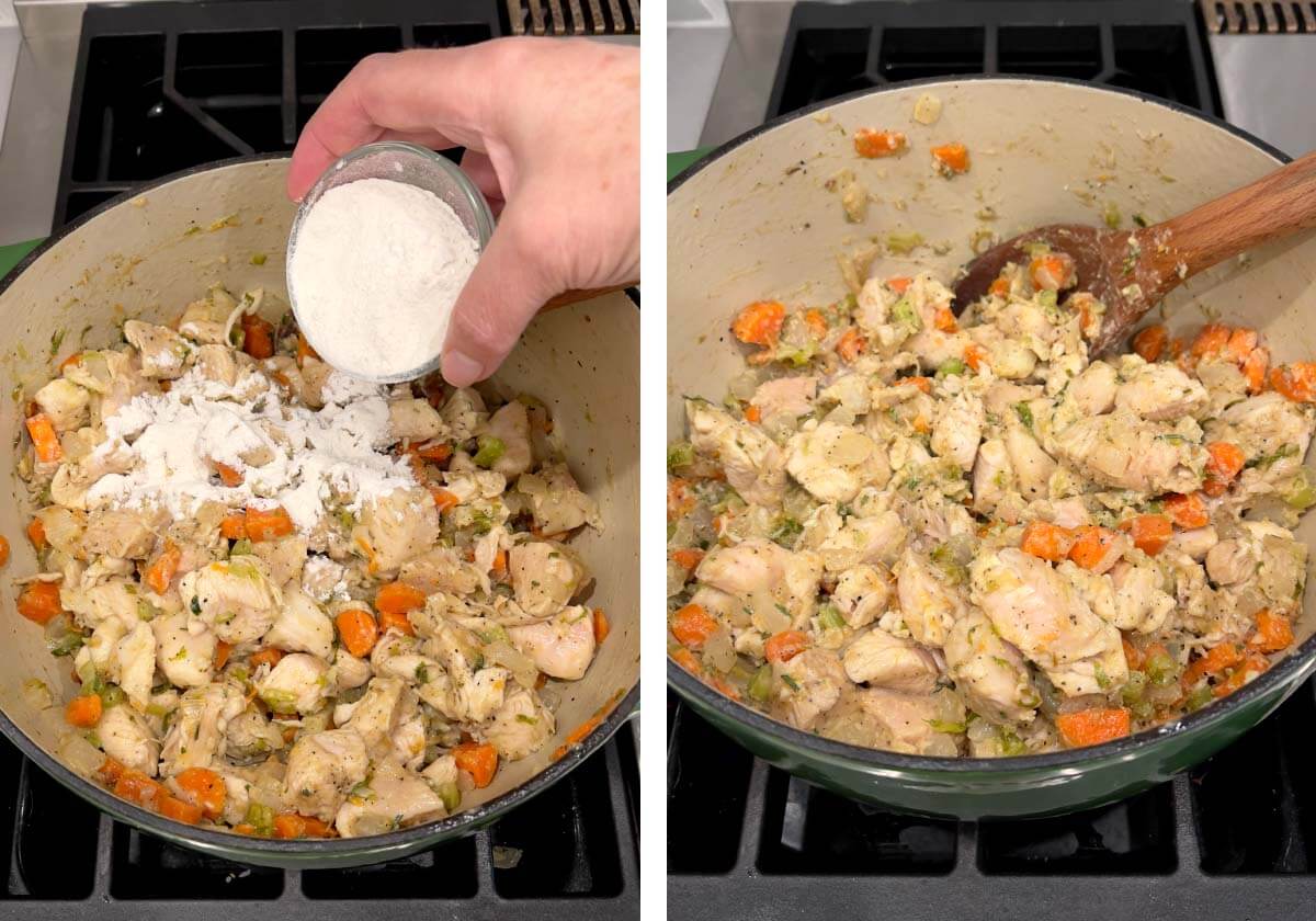 adding flour to the chicken mixture, stirring mixture
