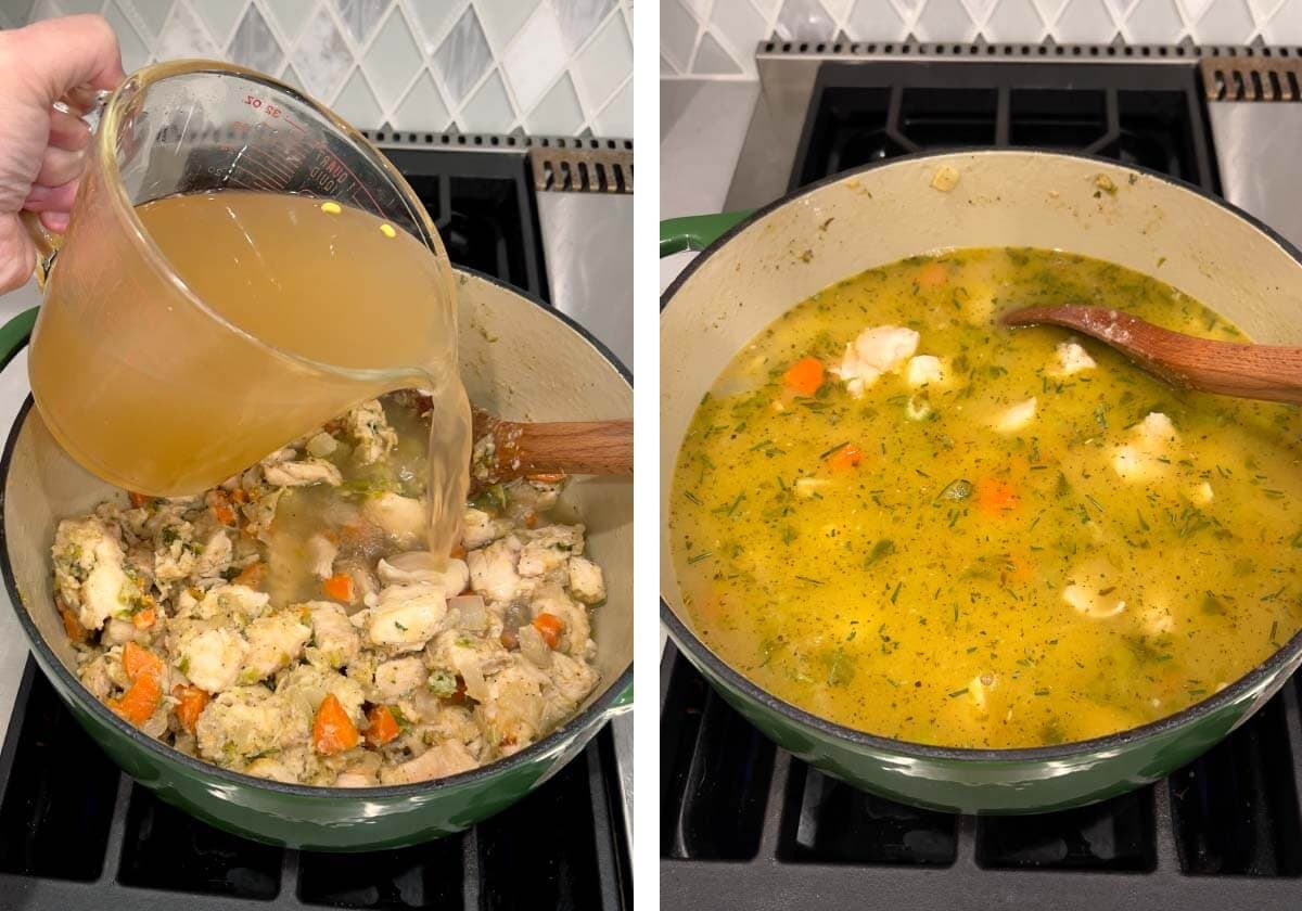 adding chicken broth to chicken mixture, bringing to simmer