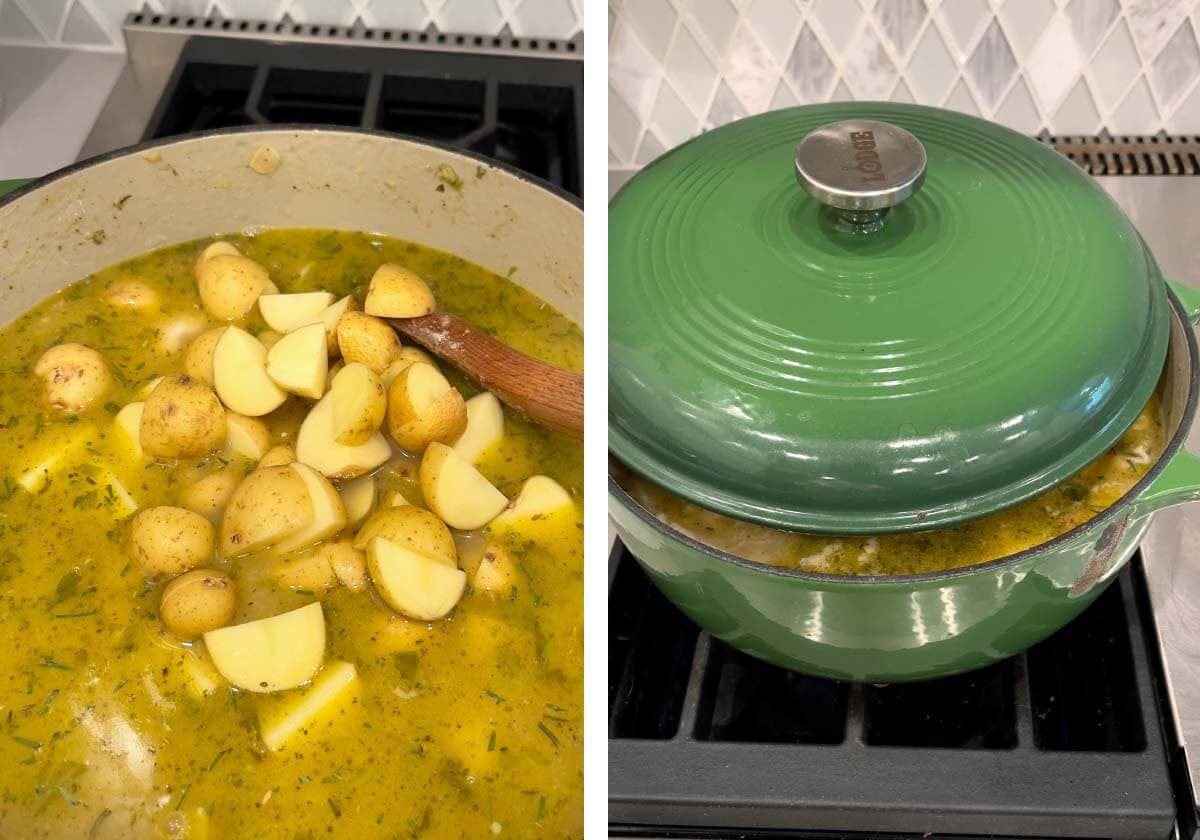 potatoes added to the pot, lid ajar on pot