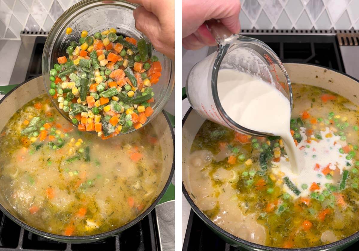 adding frozen mixed veggies, pouring heavy cream into soup