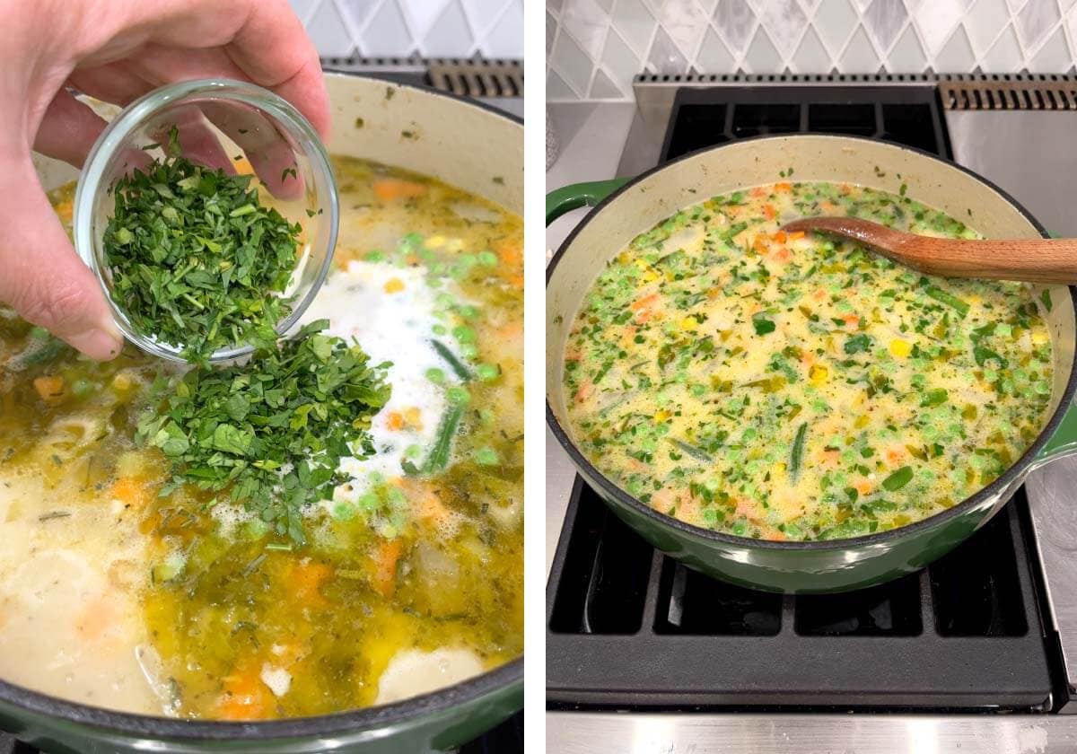 adding parsley to soup, heating through.