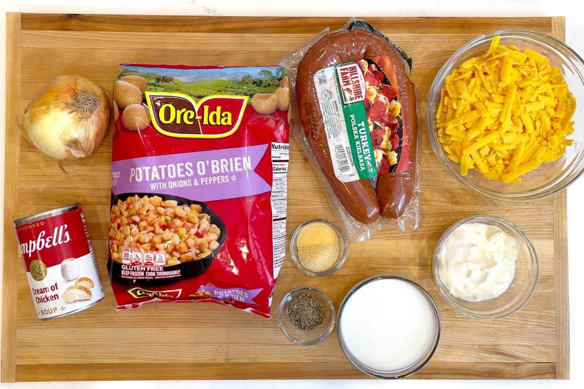 slow cooker Cheesy Potatoes and Kielbasa ingredients shot