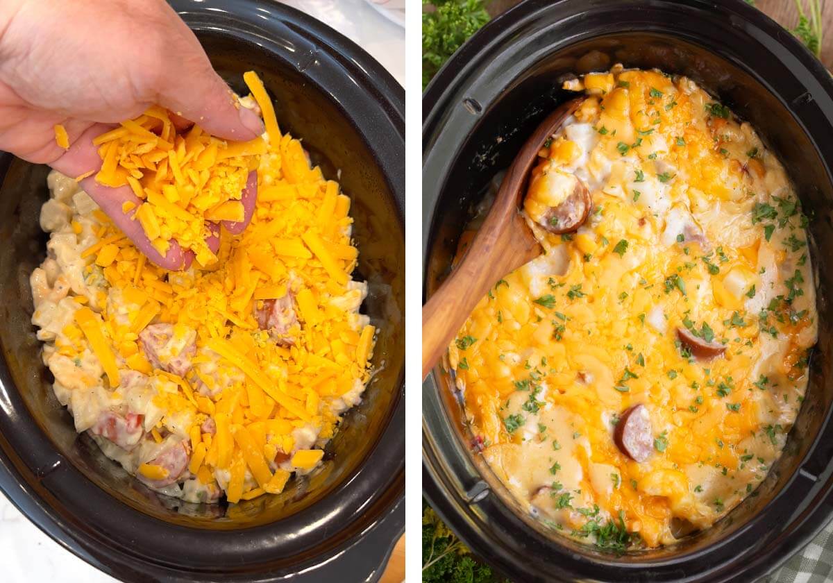 mixture added to the crockpot and cheese added, after cooking.