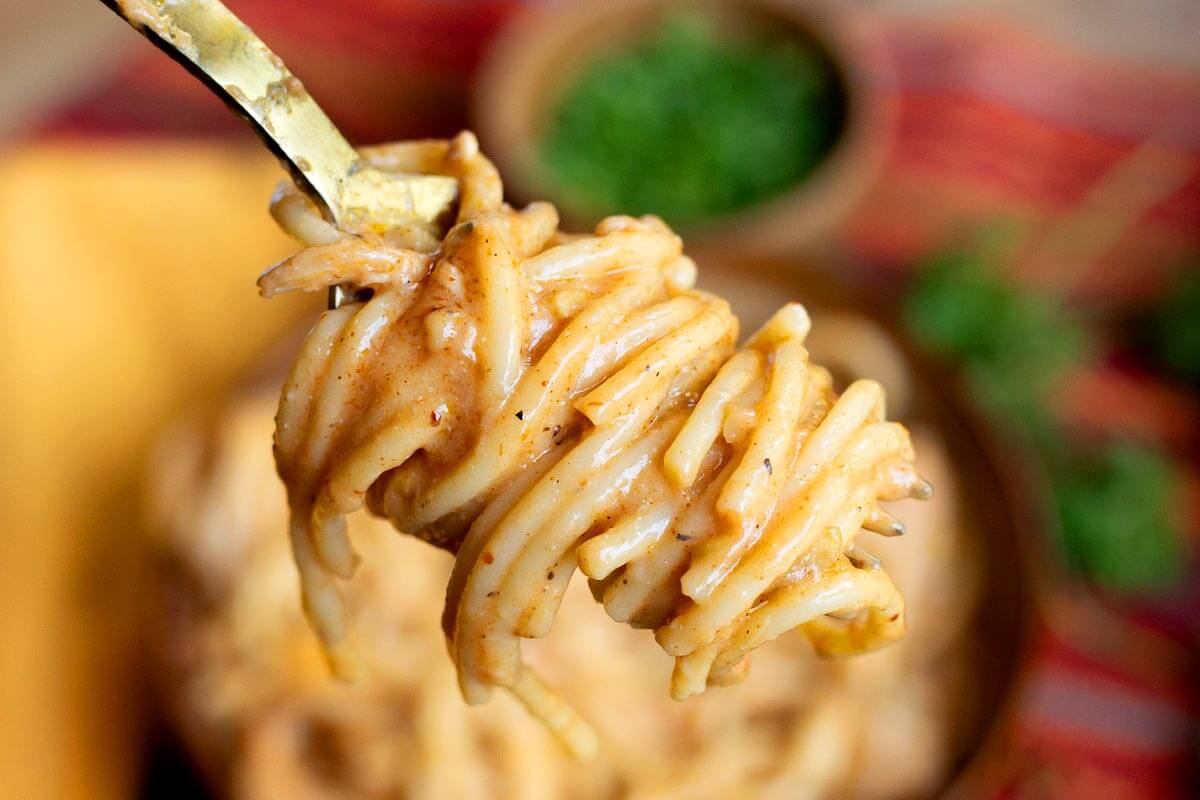 Crockpot Taco Ranch Chicken Spaghetti bite on a fork