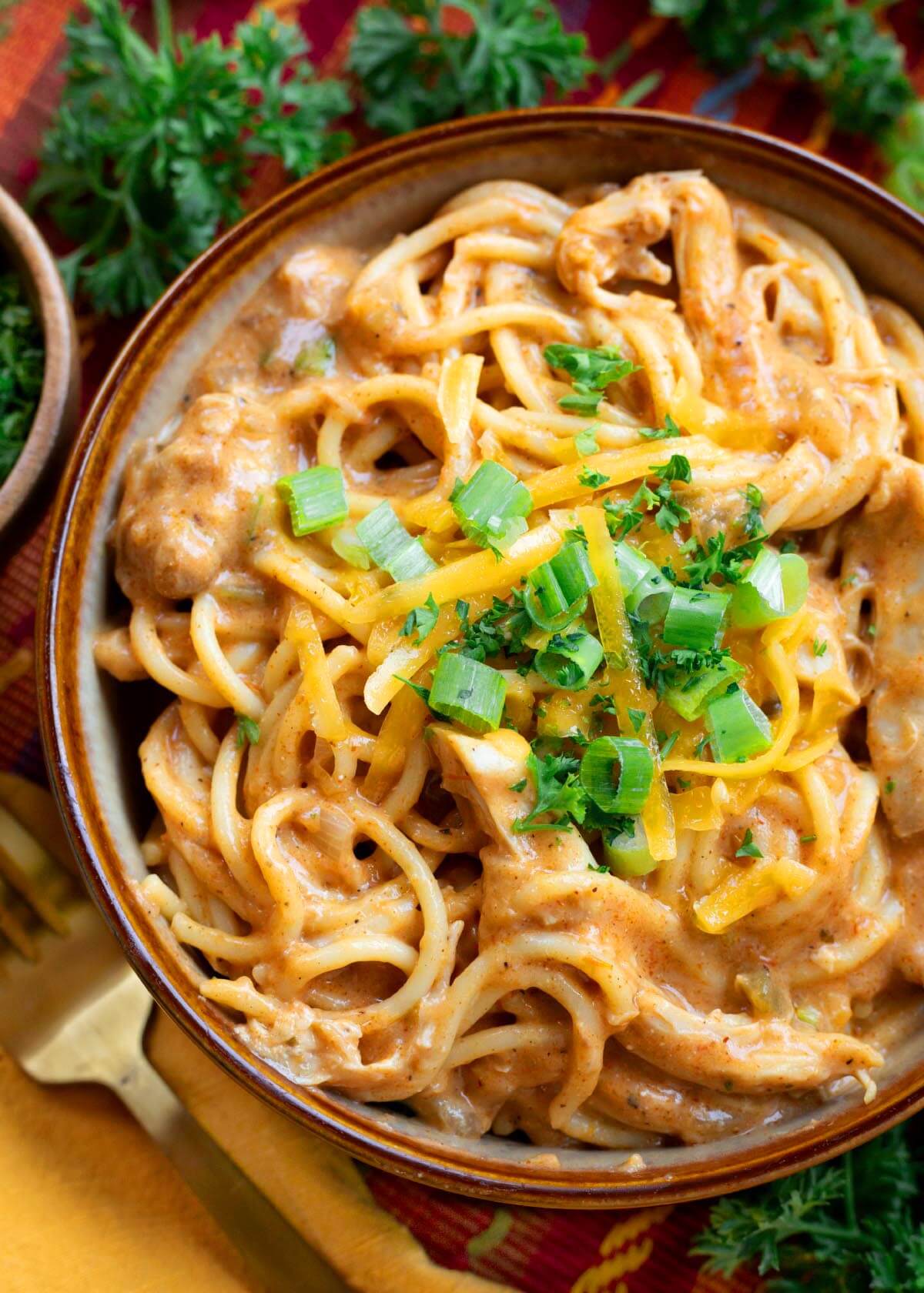 Crockpot Taco Ranch Chicken Spaghetti recipe in a bowl