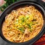 Taco Ranch Chicken Spaghetti in a black crock
