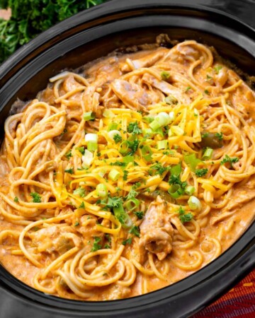 Taco Ranch Chicken Spaghetti in a black crock