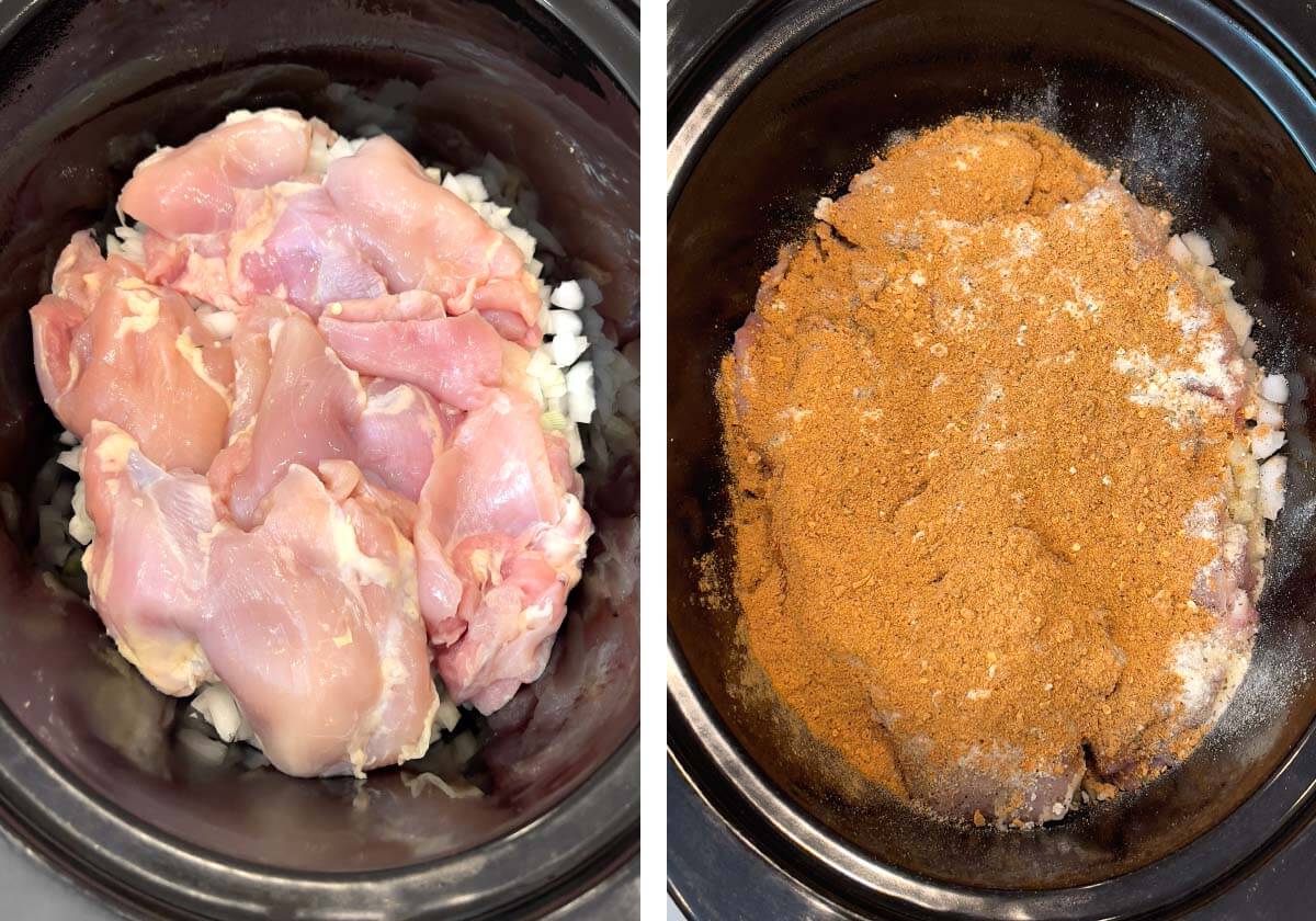 layering onion, chicken, seasonings in crockpot