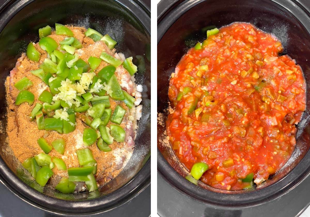 green pepper and garlic added to crock, salsa over top