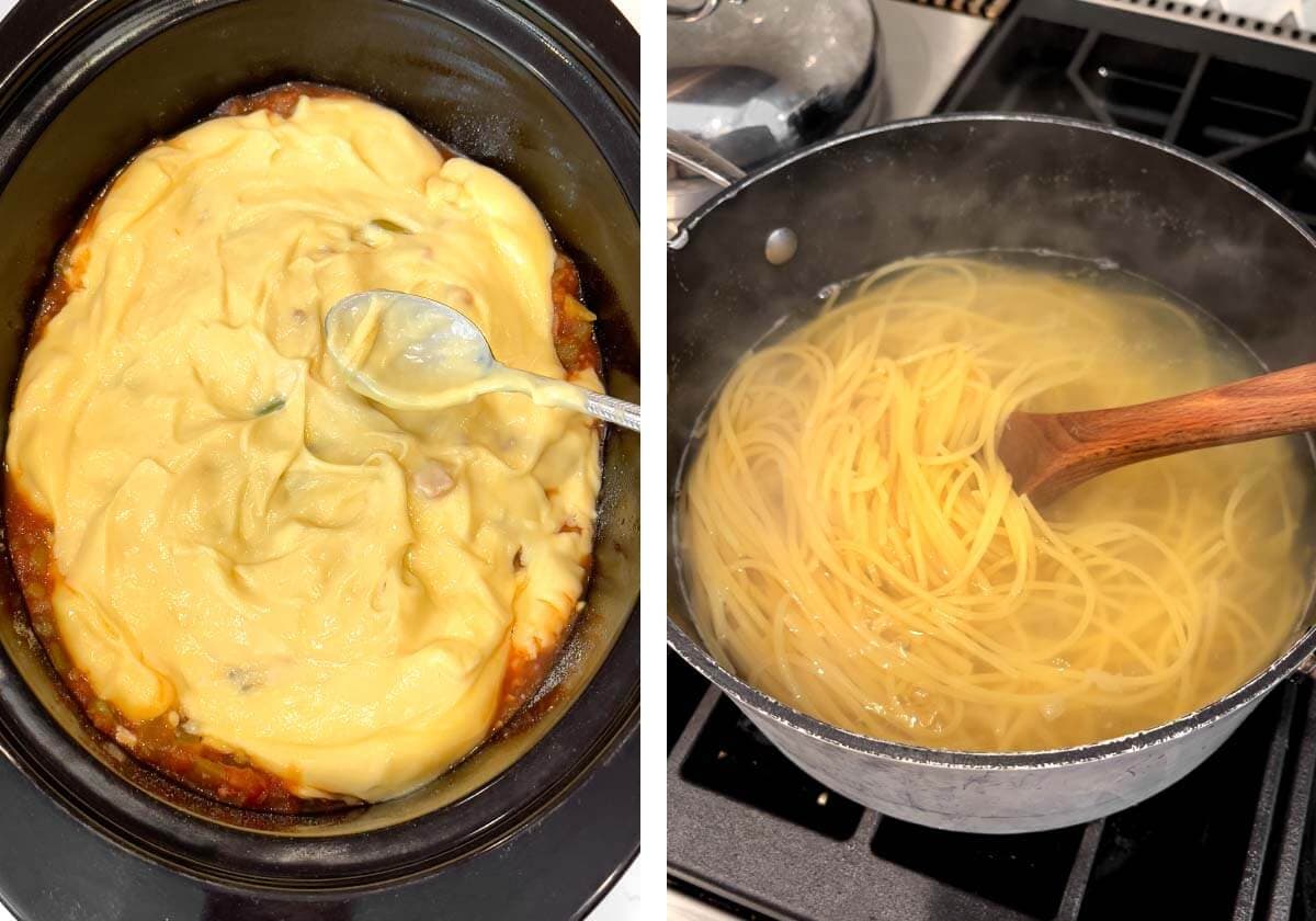 cream soup over chicken, boiling spaghetti in pot of water