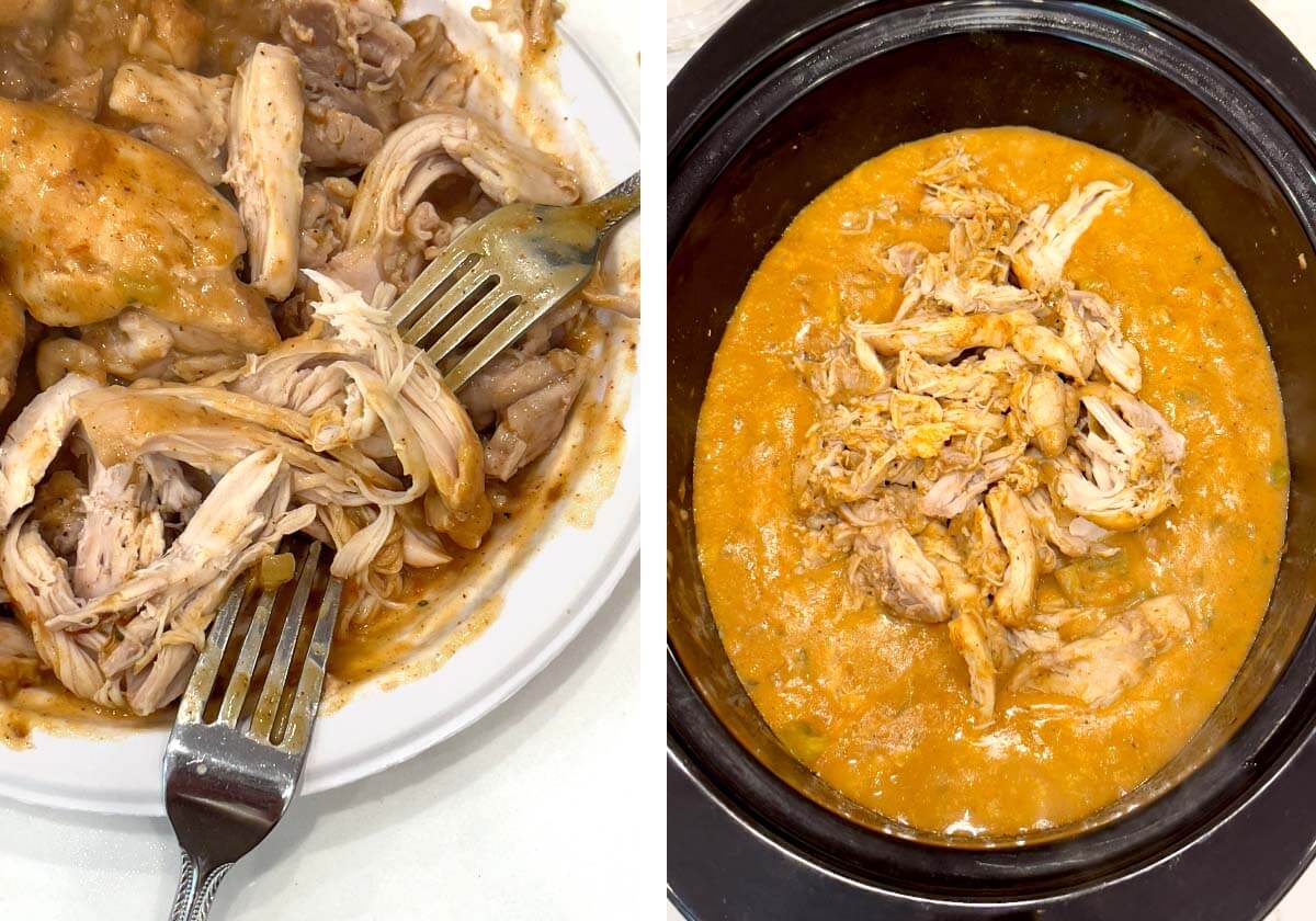 shredding chicken with forks, chicken back in crock